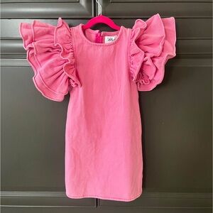 Lola + The Boys Pink Princess Ruffle Flutter Sleeve Denim Dress